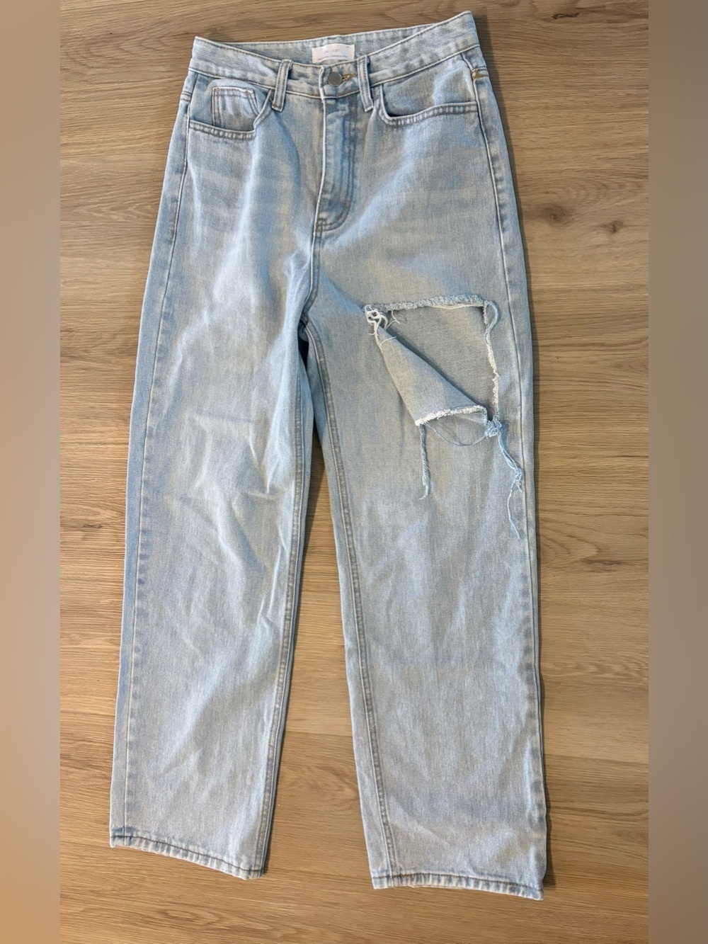 OAK + FORT Mom Jeans Light Blue Straight-Leg Distressed MSRP $149